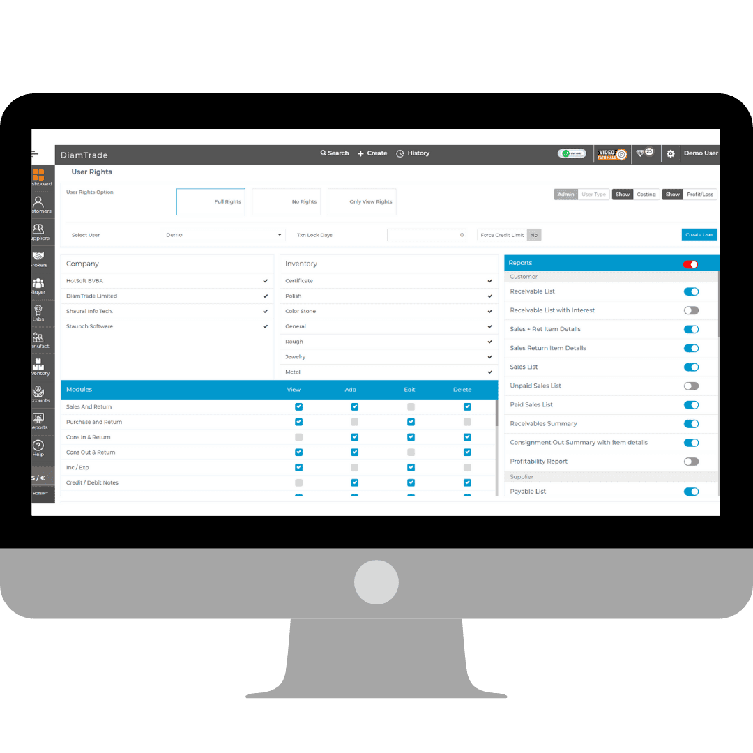 DiamTrade cloud user roles